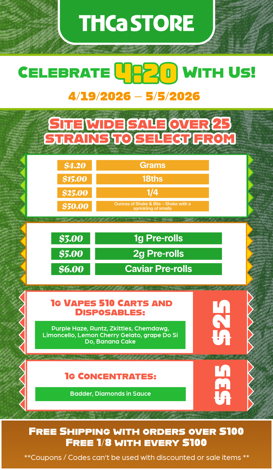 Variety of THCA cannabis products displayed on a table, highlighting the festive 420 celebration