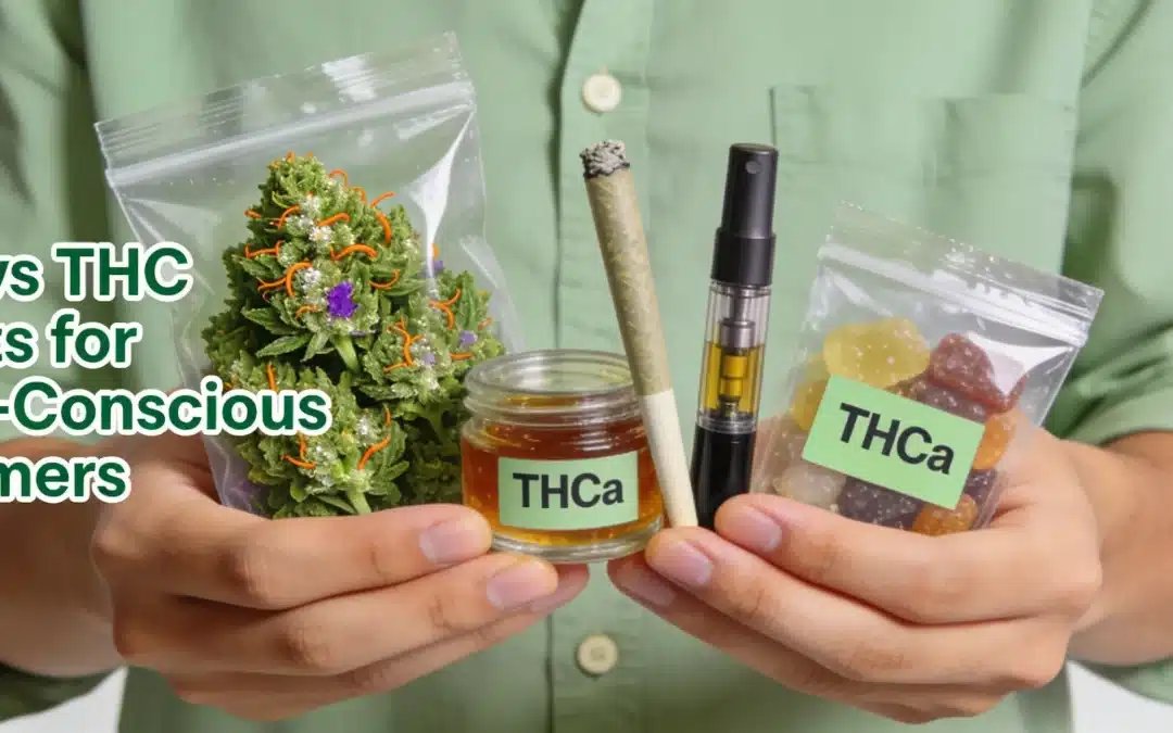 THCa flower, pre-roll, vape cartridge, and edibles assortment illustrating legal cannabis alternatives from THCa Store.